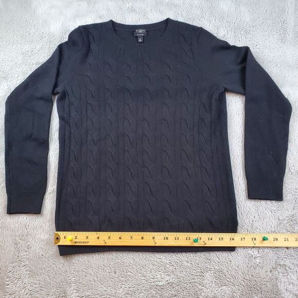 Talbots Cashmere Cable Knit Sweater Petite M Black Long Sleeve Crew Neck Popover - Picture 1 of 6